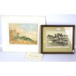 An etching and an early 20th century watercolour of a water carrier in Continental landscape.