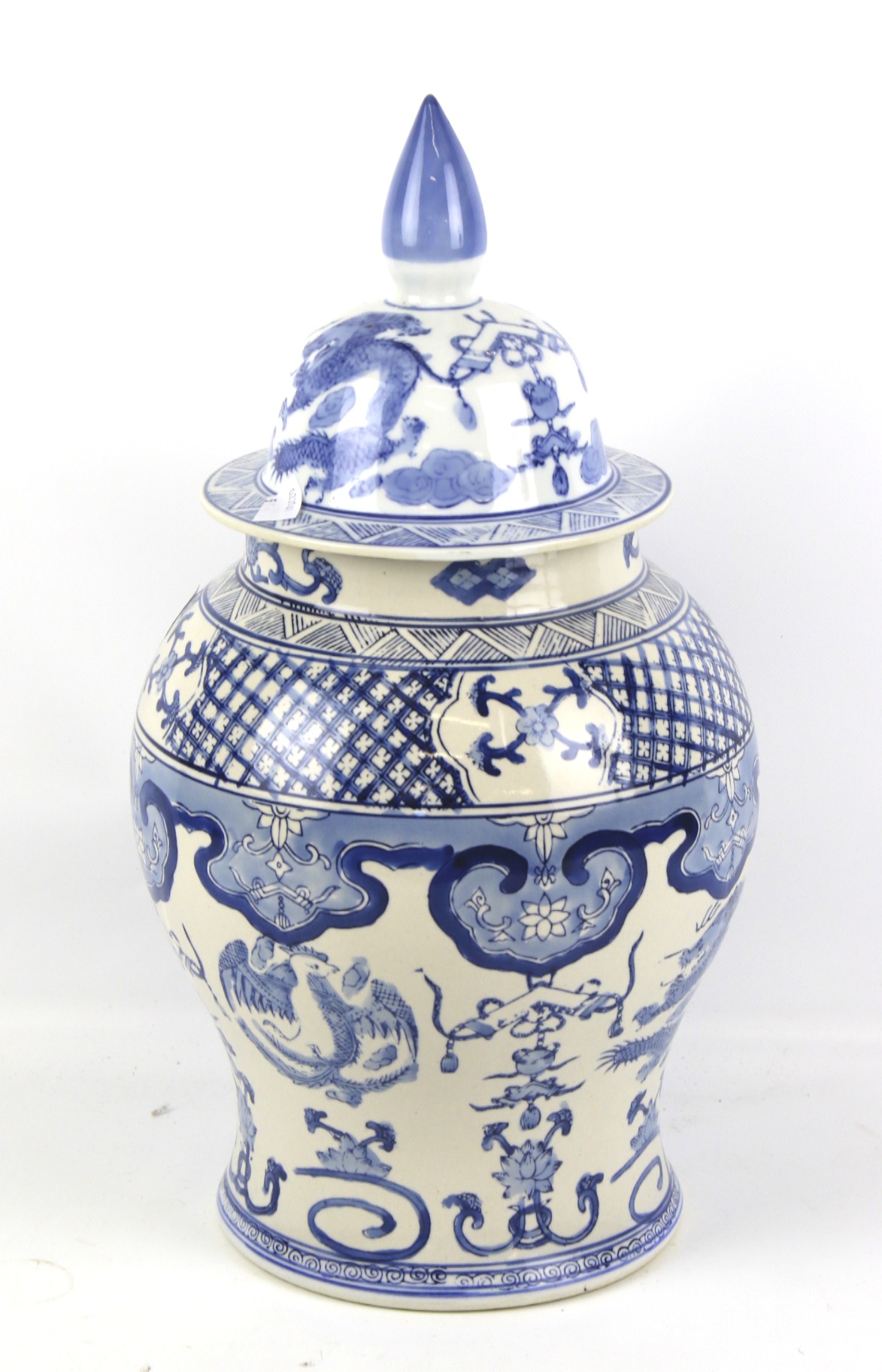 A large 20th century Chinese blue and white baluster jar and cover.