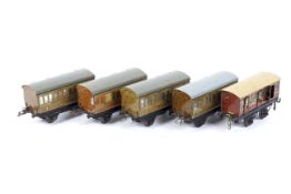 Five Hornby O gauge coaches in LNER livery. Comprising three passenger coaches no.