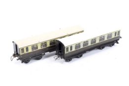 Two Hornby O gauge No 2 corridor coaches. Both lithographed in GWR brown/cream, no.