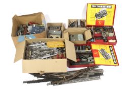 00 gauge collection including three locomotives, buildings, and accessories.