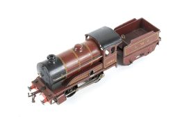 A Hornby O gauge tinplate clockwork locomotive and tender. 0-4-0, LMS livery no.