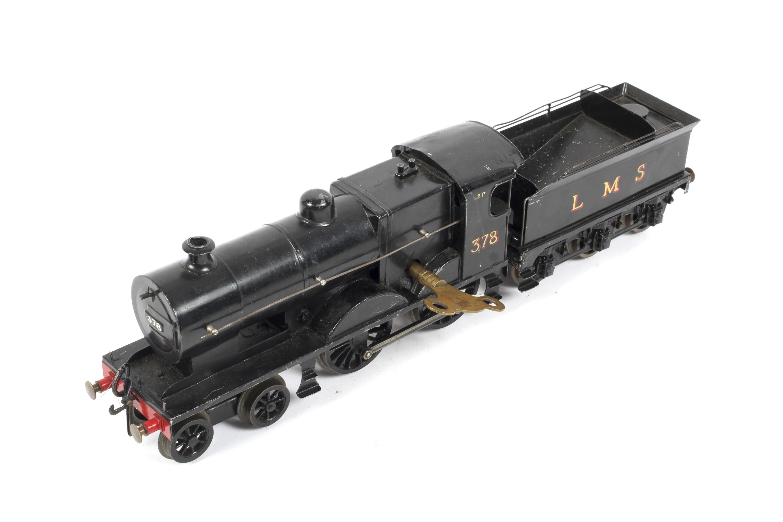 0 gauge LMS 4-4-0 378 locomotive and tender. Scratch built, with clockwork mechanism and key.