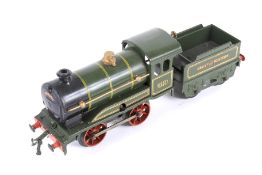 A Hornby O gauge tinplate clockwork locomotive and tender. 0-4-0, GWR livery no.