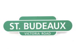 A reproduction 'St. Budeaux, Victoria Road' railway sign.