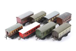 Eight Hornby O gauge coaches.