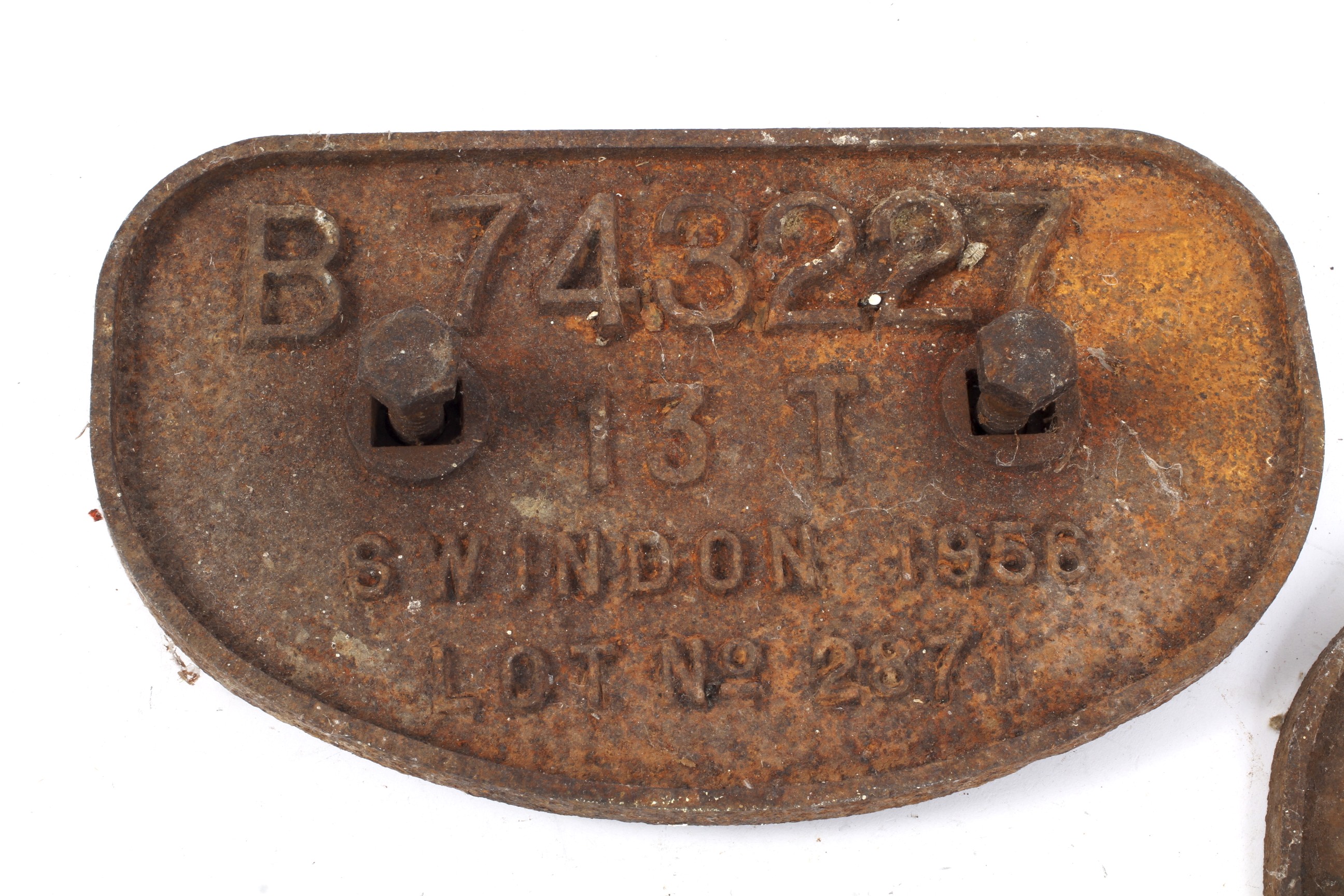 Two railway wagon cast iron plate. One marked 'B 743596, 13T, Swindon 1959, Lot no. - Image 2 of 3