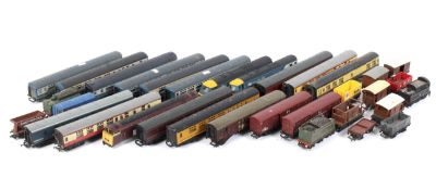 00 gauge unboxed collection of locomotive, coaches and wagons.