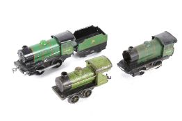 A Hornby O gauge tinplate clockwork locomotive and tender and two Hornby locomotives.