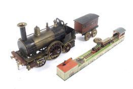 G gauge live steam locomotive and coach. Scratch built, showing signs of use underneath.