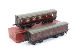 Two Hornby O gauge No 2 Special LMS brake/3rd coaches. Lithoprinted in LMS maroon livery, no.