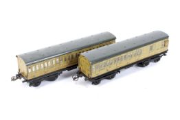 Two Hornby O gauge No 2 suburban coaches, in lithographed LNER Teak livery,