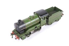 A Hornby O gauge clockwork tinplate locomotive and tender. 0-4-0, LNER livery, no.