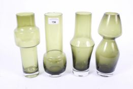 A set of four Mid Century Scandinavian glass vases. Riihimaen Lasi Oy designed by Aimo Okkolin.