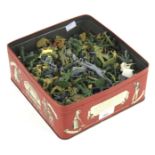 Box of model solders. Mainly Airfix 1:72 scale range of Green, desert and blue, etc.