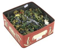 Box of model solders. Mainly Airfix 1:72 scale range of Green, desert and blue, etc.