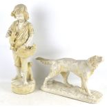 Two vintage plaster figures of a dog and a boy with a basket kittens,