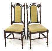 Pair of Edwardian chairs. Shield back with green upholstery on turned legs, H90cm.