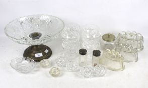 Assorted glassware including display bowl, jelly moulds, sugar bowl, etc.
