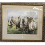 Heavy horse watercolour. Signed JL Hidson in frame, H71cm x W81cm.
