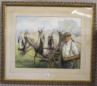 Heavy horse watercolour. Signed JL Hidson in frame, H71cm x W81cm.