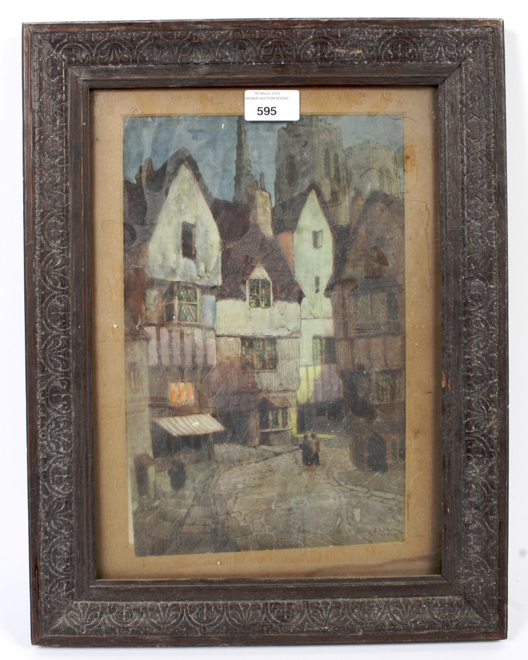 After Ernest Uden, an early 20th century coloured lithograph with a street scene. Framed, 19.