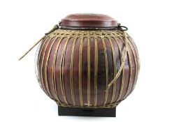 Large Chinese bamboo storage pot with cover and handle to top.