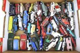 A box of assorted playworn vintage diecast model vehicles. Including Dinky, Corgi and Lesney.