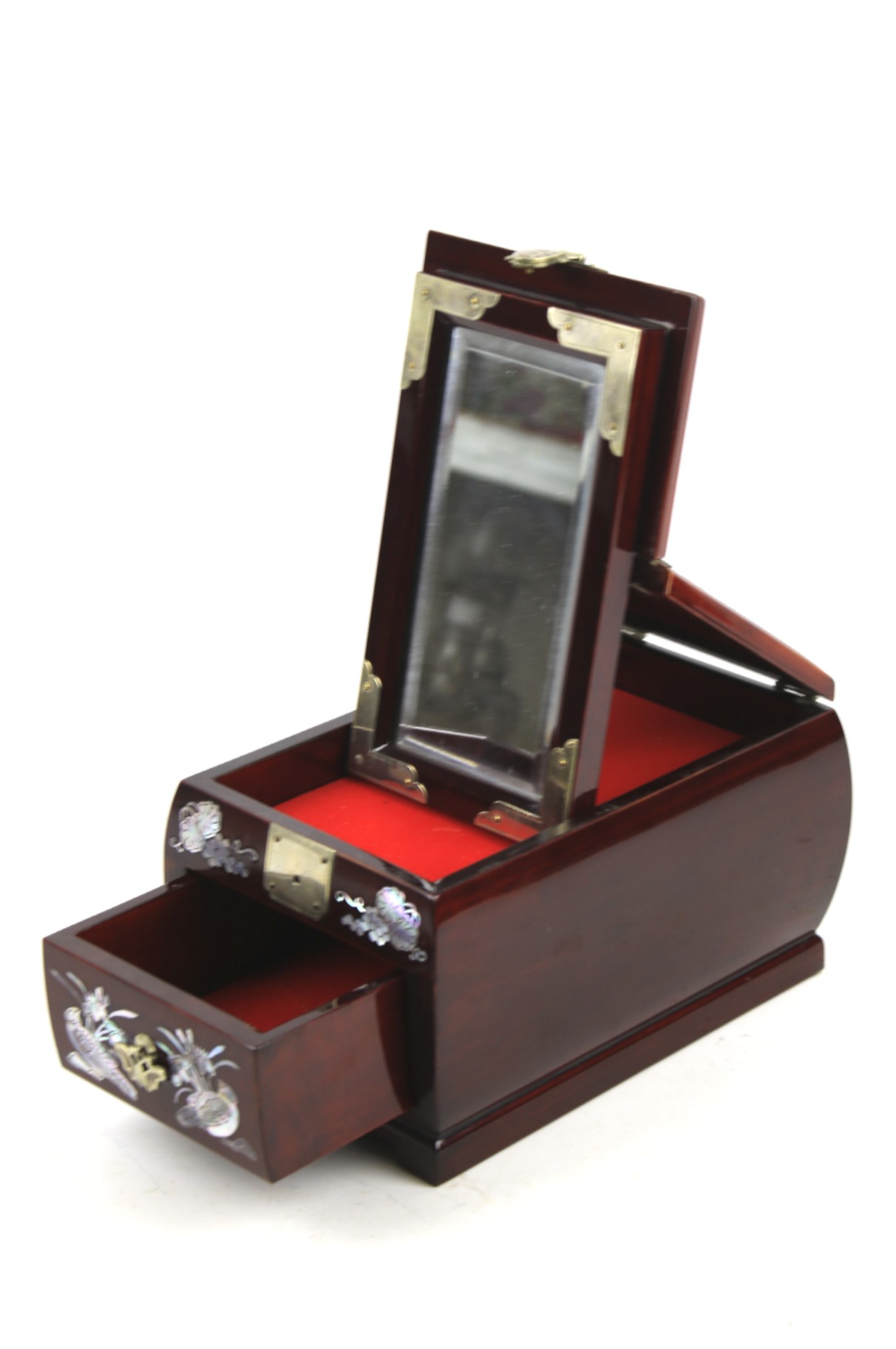 Oriental style jewellery box. Inlaid with decoration compartment contains mirror on top of drawer. - Image 2 of 2