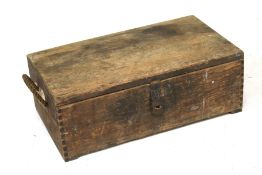 Wooden district box dated 1942. With rope handles and metal latch, H25cm x W45cm x L70cm.