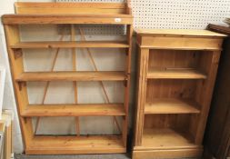 Two pine bookcases. Both three shelf units largest measures, H118cm x D21cm x W89cm.