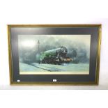 Train print. Showing Flying Scotsman in frame signed 'David Shepherd', H71cm x W104cm.