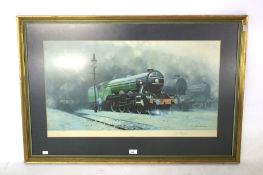 Train print. Showing Flying Scotsman in frame signed 'David Shepherd', H71cm x W104cm.