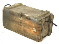 Wooden ammo box. With rope handles, dated 1982, H27cm x D27cm x W52cm.
