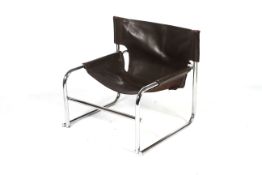 A brown leather and chrome Sling T1 chair designed by Rodney Kinsman, circa 1960s for OMK.