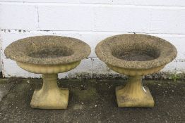 Garden ornamnets pair ofstone flat urn on plinth. H43cm.