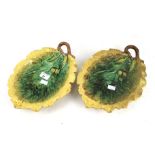 A pair of 19th Century majolica oak leaf and acorn dishes. With yellow and green finish, L31cm.