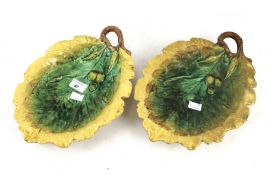 A pair of 19th Century majolica oak leaf and acorn dishes. With yellow and green finish, L31cm.