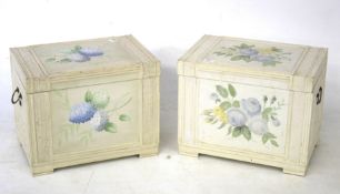 Pair of wooden chests. Painted white with floral finish, H39cm x D34cm x W49cm.