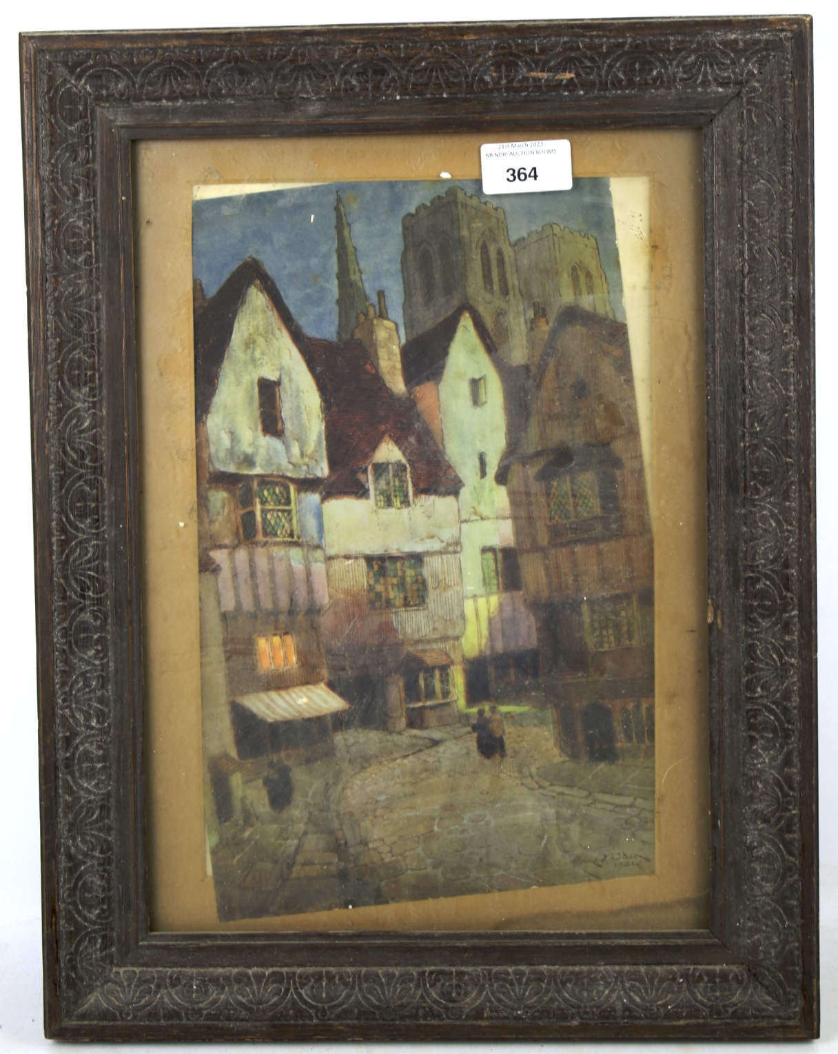 After Ernest Uden, an early 20th century coloured lithograph with a street scene. Framed, 19. - Image 2 of 2