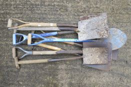 Eight garden shovels. Mostly wooden handles all with blades.