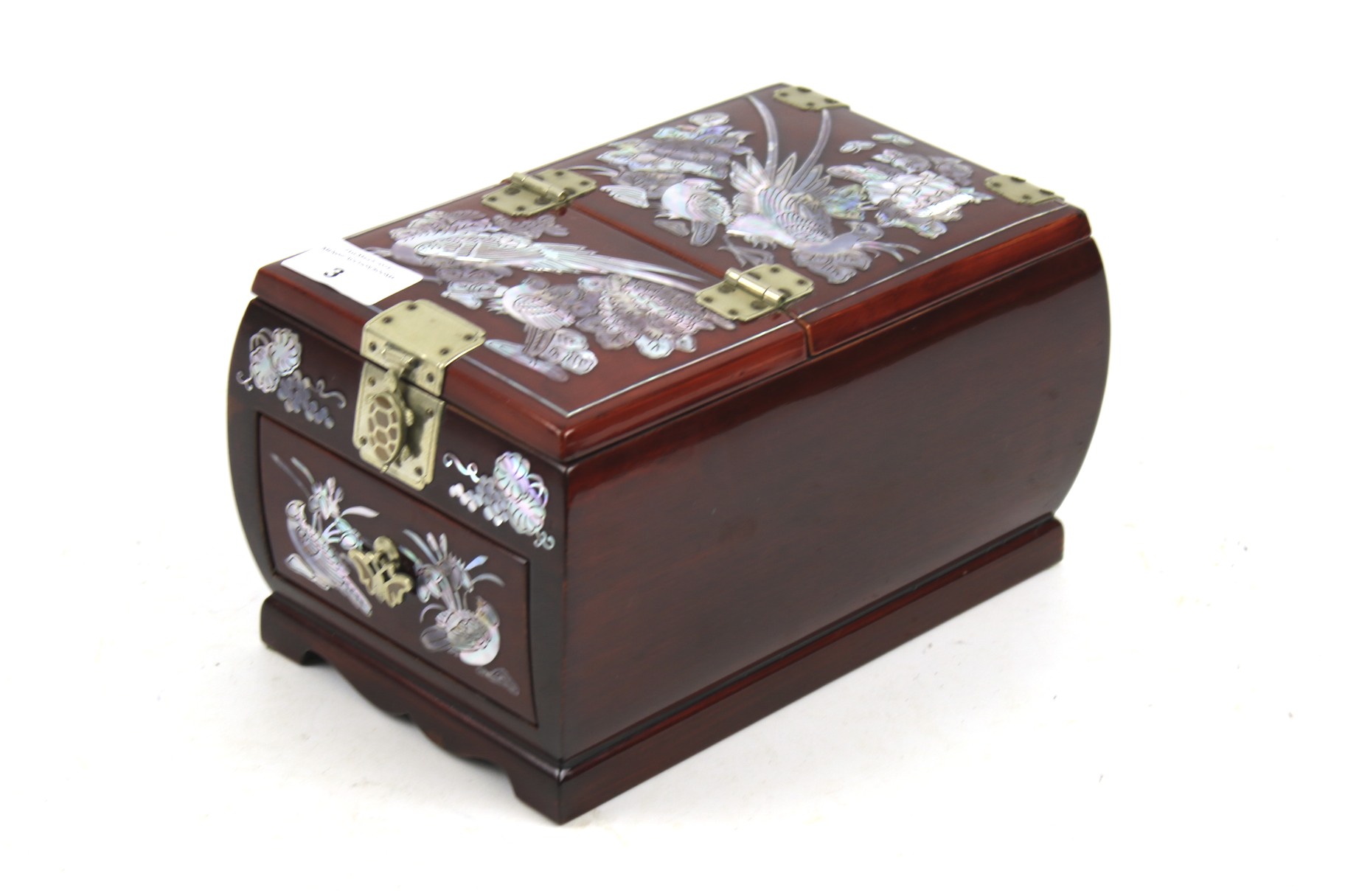 Oriental style jewellery box. Inlaid with decoration compartment contains mirror on top of drawer.