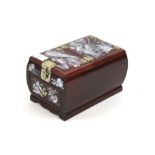 Oriental style jewellery box. Inlaid with decoration compartment contains mirror on top of drawer.