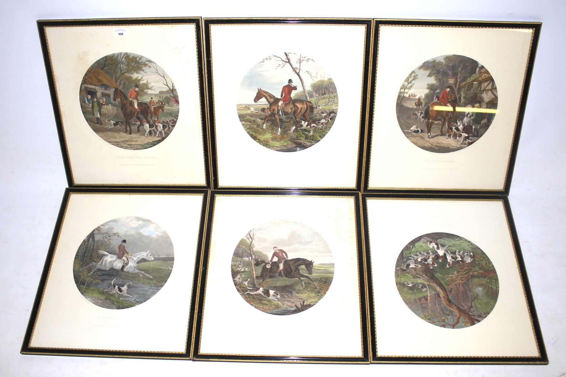 A collection of 6 hunting themed prints. All in frames two show slight foxing, H53cm x W47cm.
