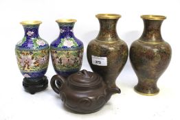A pair of Japanese cloisonne vases, a pair of Chinese enamel vases,