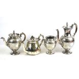 A four piece silver plate tea set. Comprising teapot, two jugs and a bowl, largest measuring H29cm.