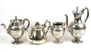 A four piece silver plate tea set. Comprising teapot, two jugs and a bowl, largest measuring H29cm.