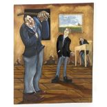 Peter Roland-Mclean (21st Century), Three Suited Men in a Dilapidated Interior, oil on canvas.