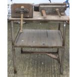 A work bench with metal frame and 3 vices H89cm x D65cm x W82cm.