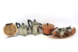 An Art Deco four piece pewter tea set and metalware items.